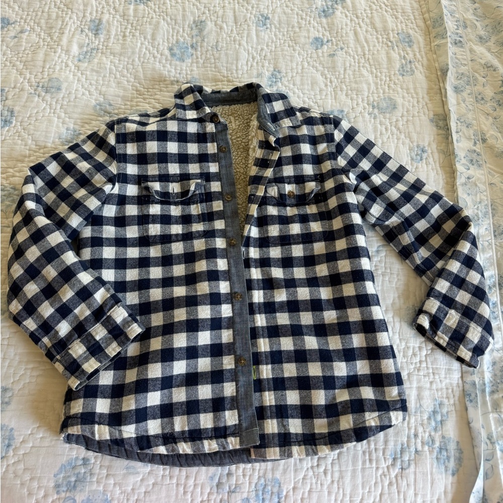 Boys' Sherpa-lined Chamois Shirt. Ivory and Ultramarine Checkered